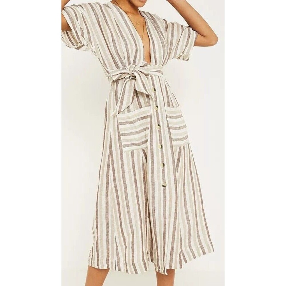 FREE PEOPLE Monday Buttondown Linen Dress Sz XS Plunge Neckline Beige/White Belt